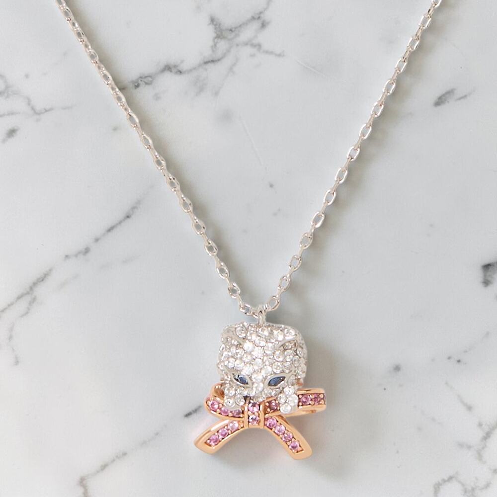 NWT Kate Spade Pawlina Cat Pendant Necklace Pink Multi Silvertone Pavé KJ296